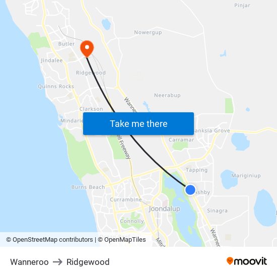 Wanneroo to Ridgewood map