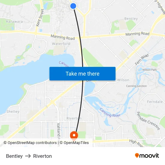 Bentley to Riverton map