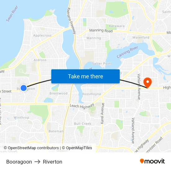 Booragoon to Riverton map