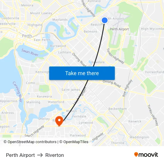 Perth Airport to Riverton map