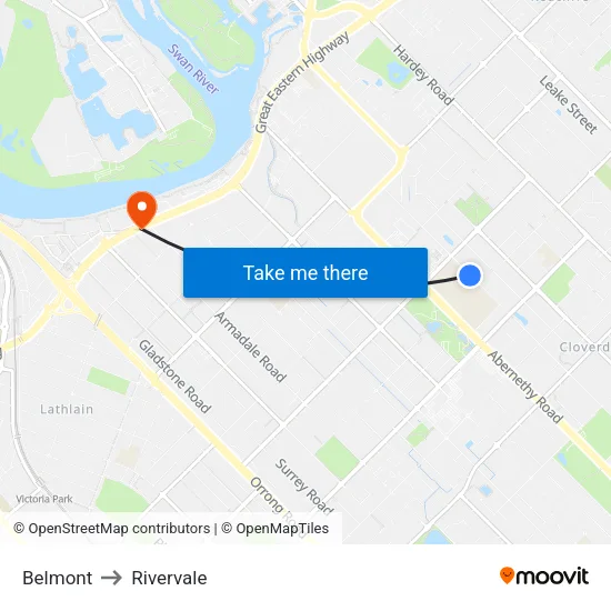 Belmont to Rivervale map