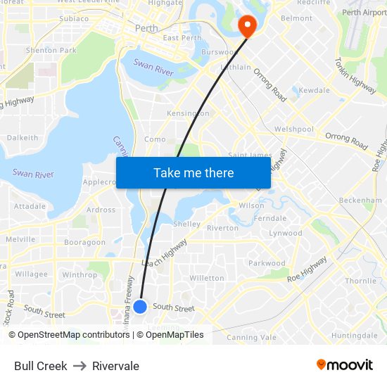 Bull Creek to Rivervale map