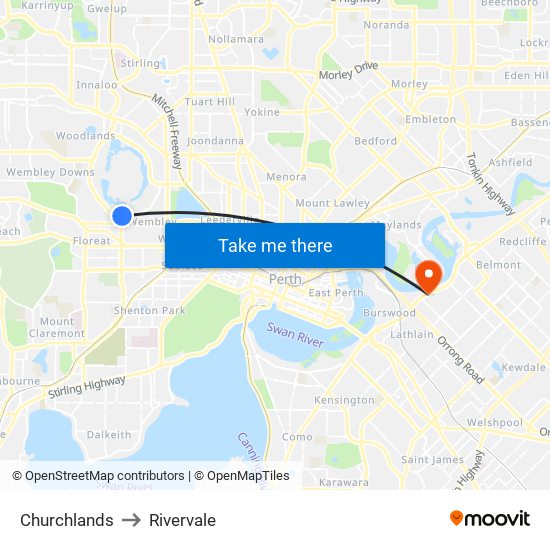 Churchlands to Rivervale map