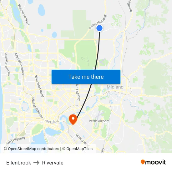 Ellenbrook to Rivervale map