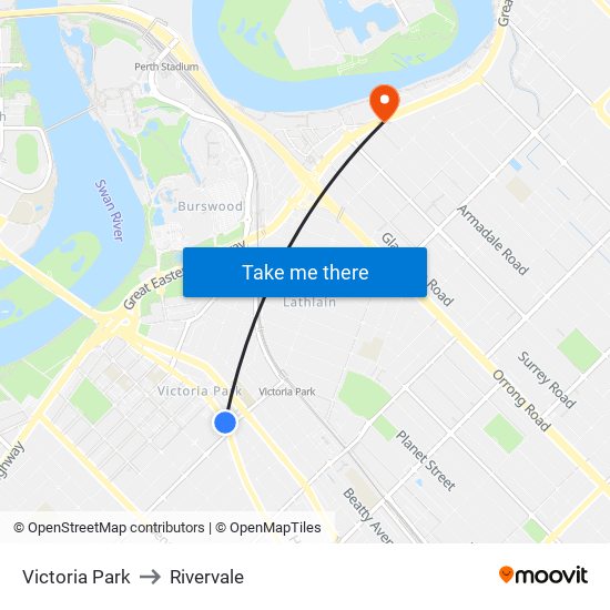 Victoria Park to Rivervale map