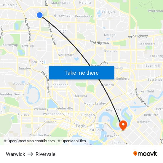 Warwick to Rivervale map