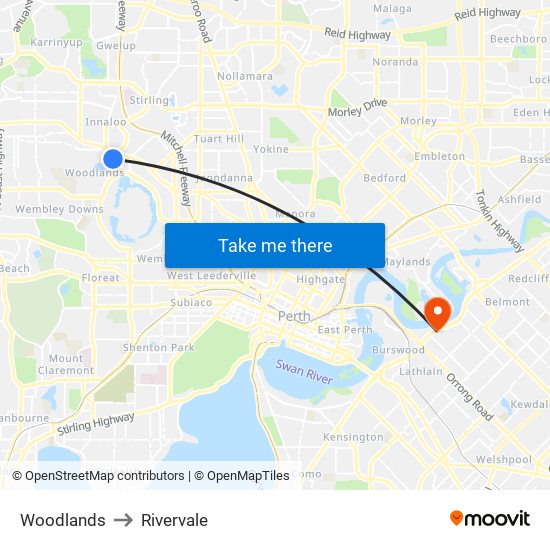 Woodlands to Rivervale map