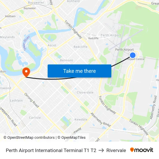 Perth Airport International Terminal T1 T2 to Rivervale map