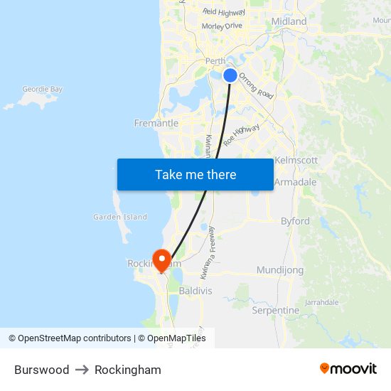 Burswood to Rockingham map