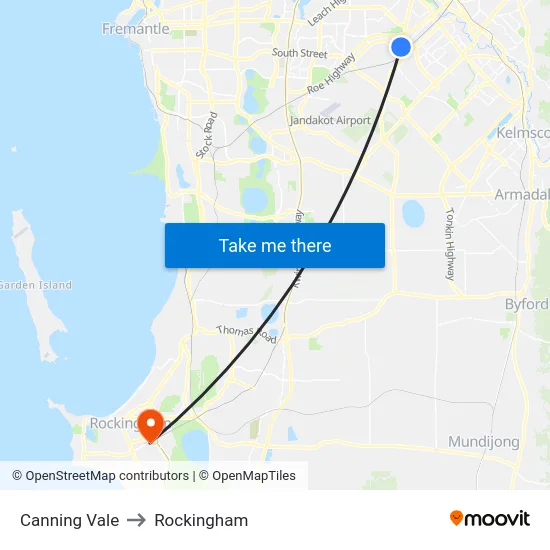 Canning Vale to Rockingham map