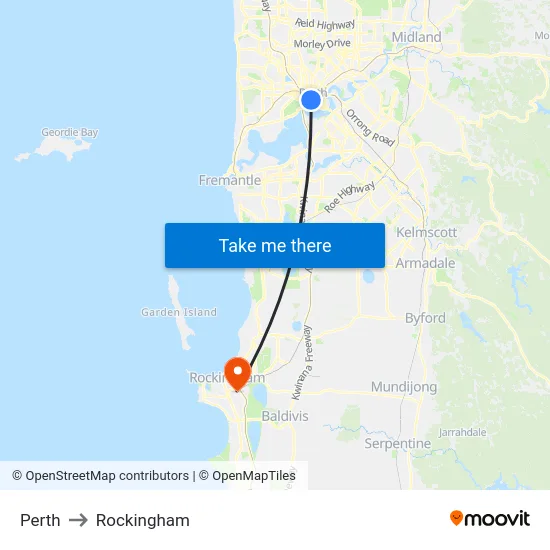 Perth to Rockingham map
