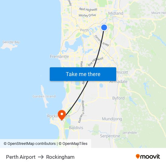 Perth Airport to Rockingham map