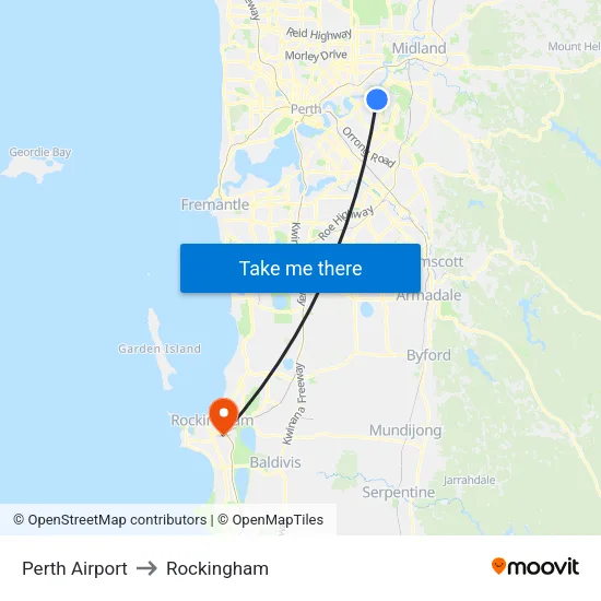 Perth Airport to Rockingham map