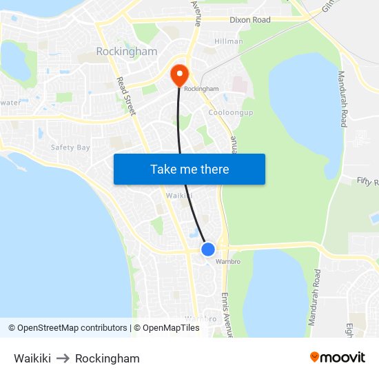 Waikiki to Rockingham map