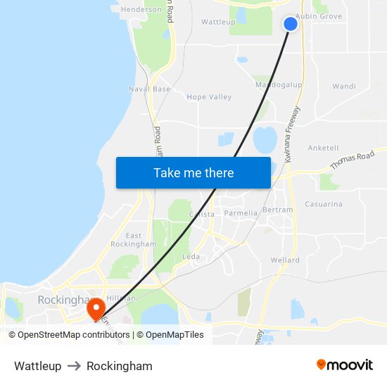 Wattleup to Rockingham map