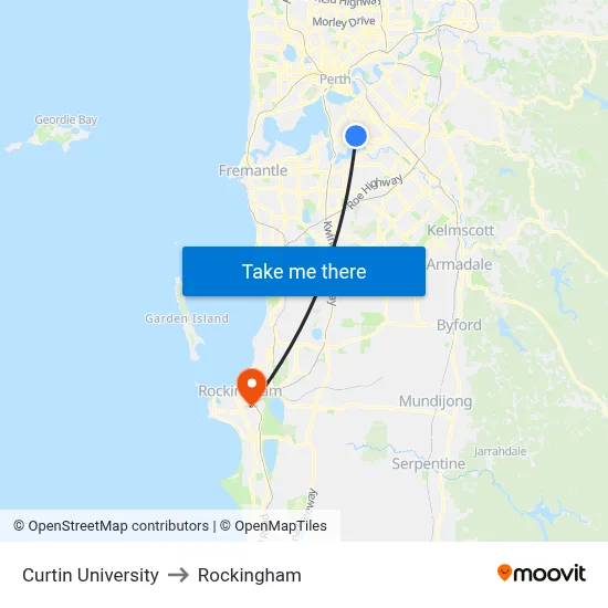Curtin University to Rockingham map