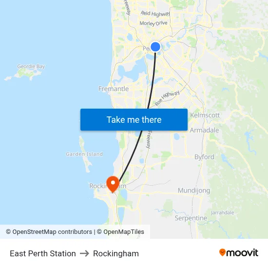 East Perth Station to Rockingham map