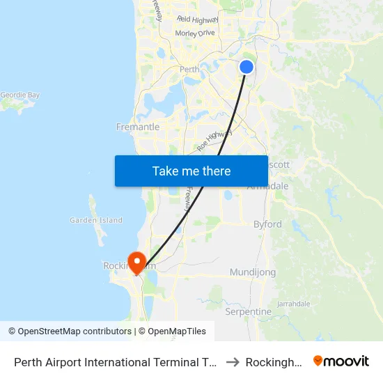Perth Airport International Terminal T1 T2 to Rockingham map