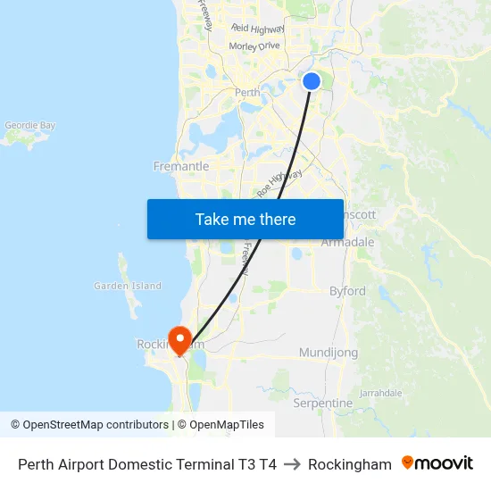 Perth Airport Domestic Terminal T3 T4 to Rockingham map
