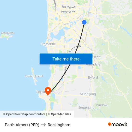 Perth Airport (PER) to Rockingham map