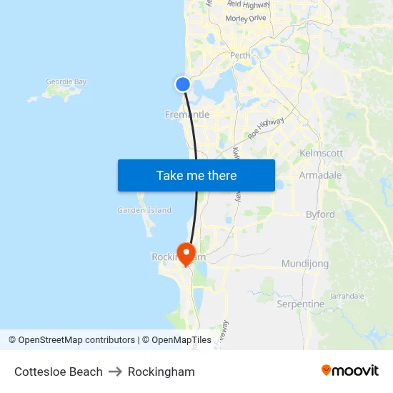 Cottesloe Beach to Rockingham map