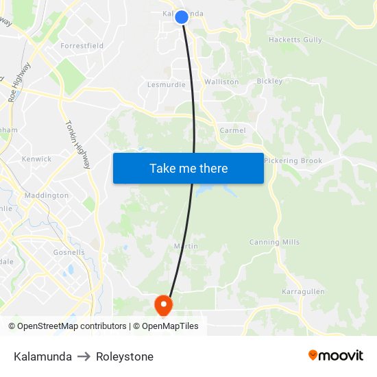 Kalamunda to Roleystone map