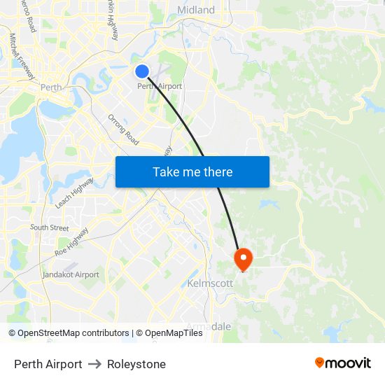 Perth Airport to Roleystone map