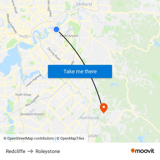 Redcliffe to Roleystone map