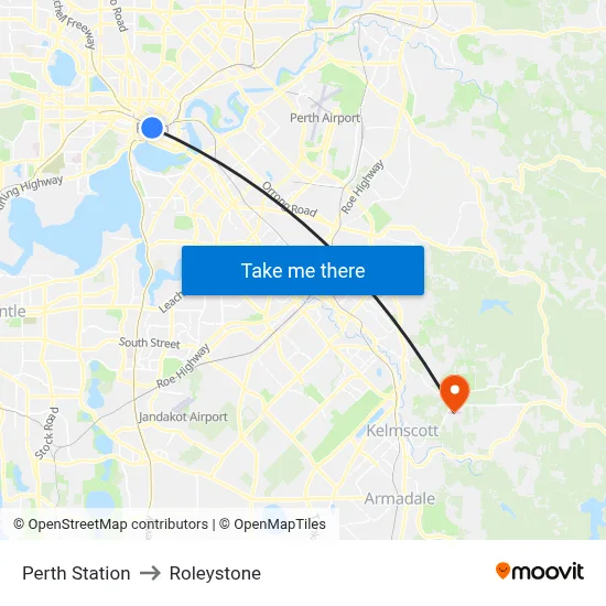 Perth Station to Roleystone map