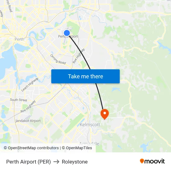 Perth Airport (PER) to Roleystone map