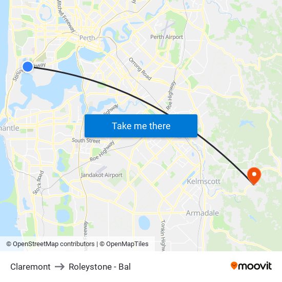 Claremont to Roleystone - Bal map