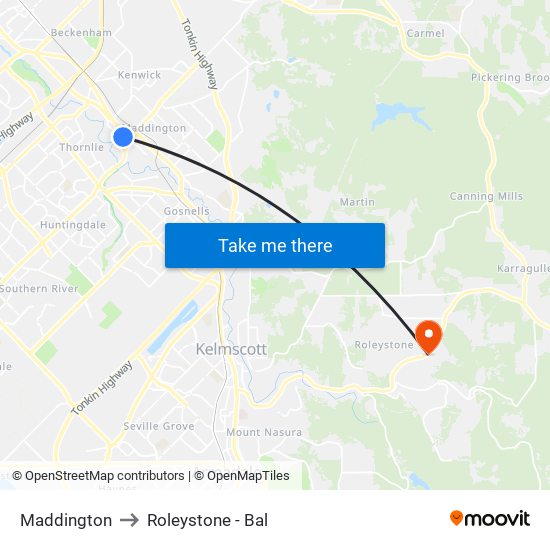 Maddington to Roleystone - Bal map