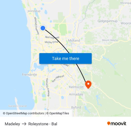 Madeley to Roleystone - Bal map