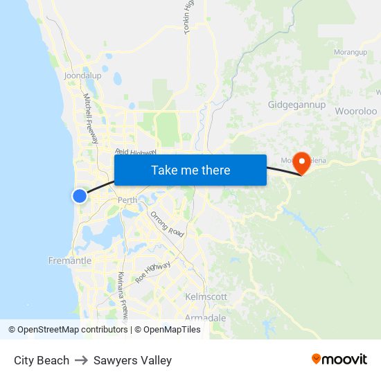 City Beach to Sawyers Valley map