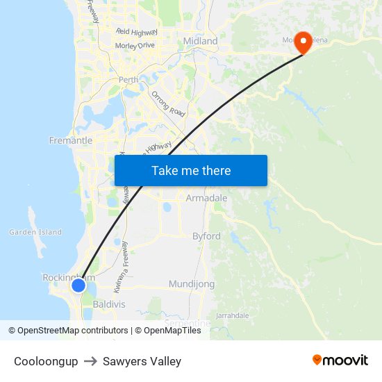 Cooloongup to Sawyers Valley map