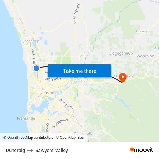 Duncraig to Sawyers Valley map