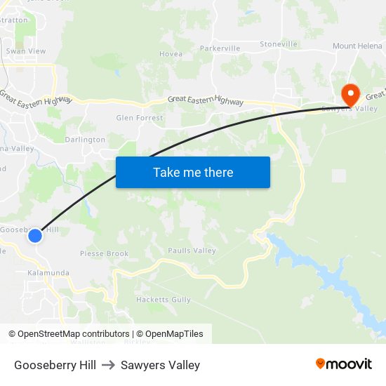 Gooseberry Hill to Sawyers Valley map