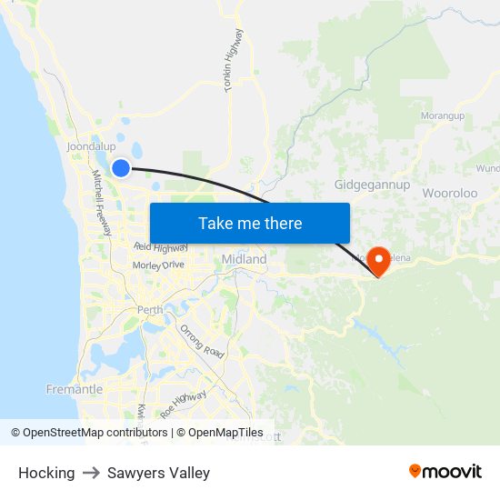 Hocking to Sawyers Valley map