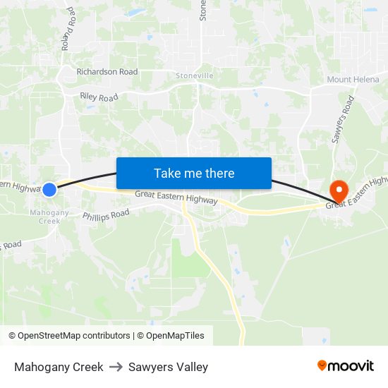 Mahogany Creek to Sawyers Valley map