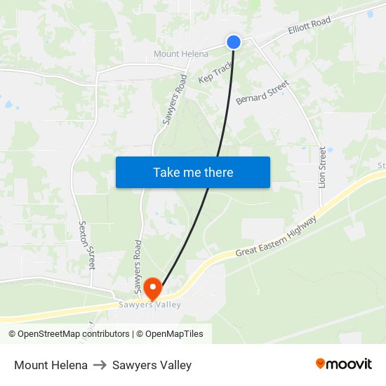 Mount Helena to Sawyers Valley map