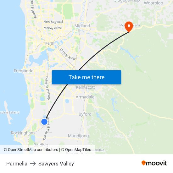 Parmelia to Sawyers Valley map