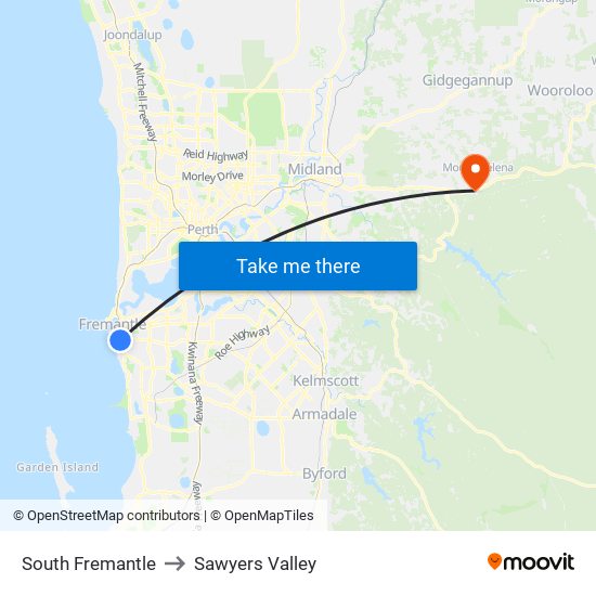 South Fremantle to Sawyers Valley map