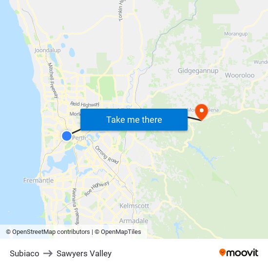 Subiaco to Sawyers Valley map