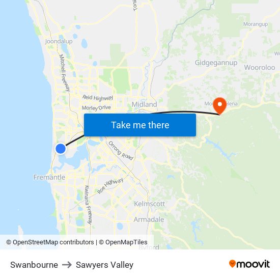 Swanbourne to Sawyers Valley map