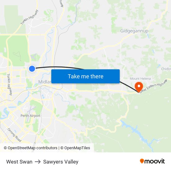 West Swan to Sawyers Valley map