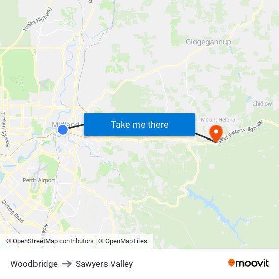 Woodbridge to Sawyers Valley map