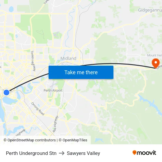Perth Underground Stn to Sawyers Valley map