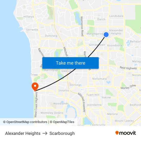 Alexander Heights to Scarborough map