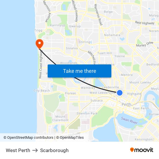 West Perth to Scarborough map