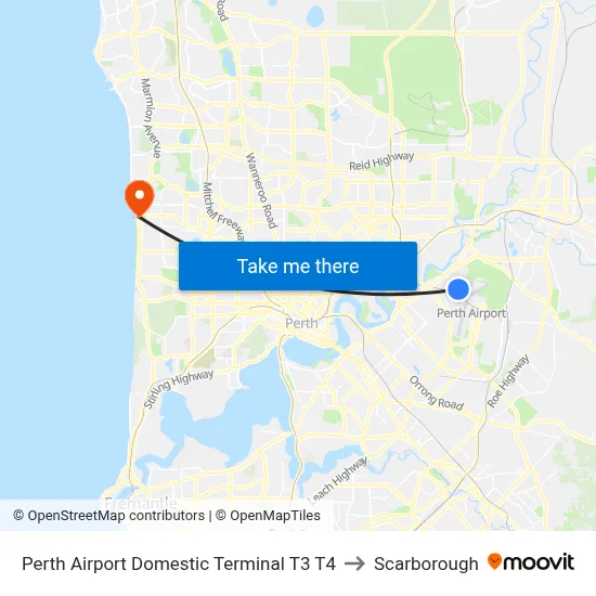 Perth Airport Domestic Terminal T3 T4 to Scarborough map